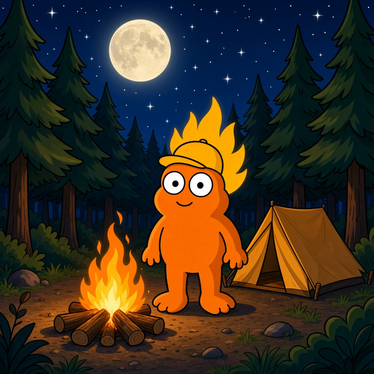 Burnie by a campfire
